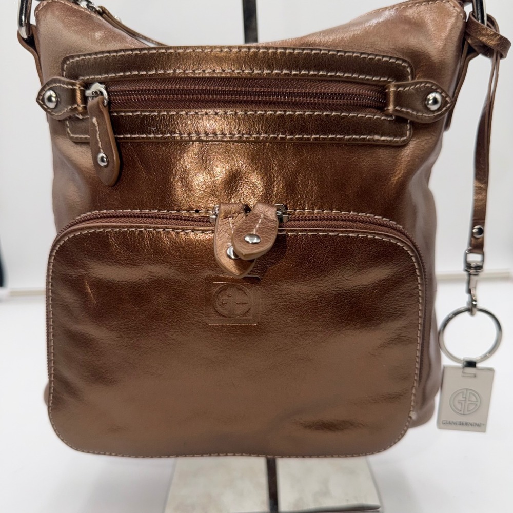 Gianni Bernini Metallic Bronze Leather Crossbody Shoulder Bag Purse - Picture 2 of 16